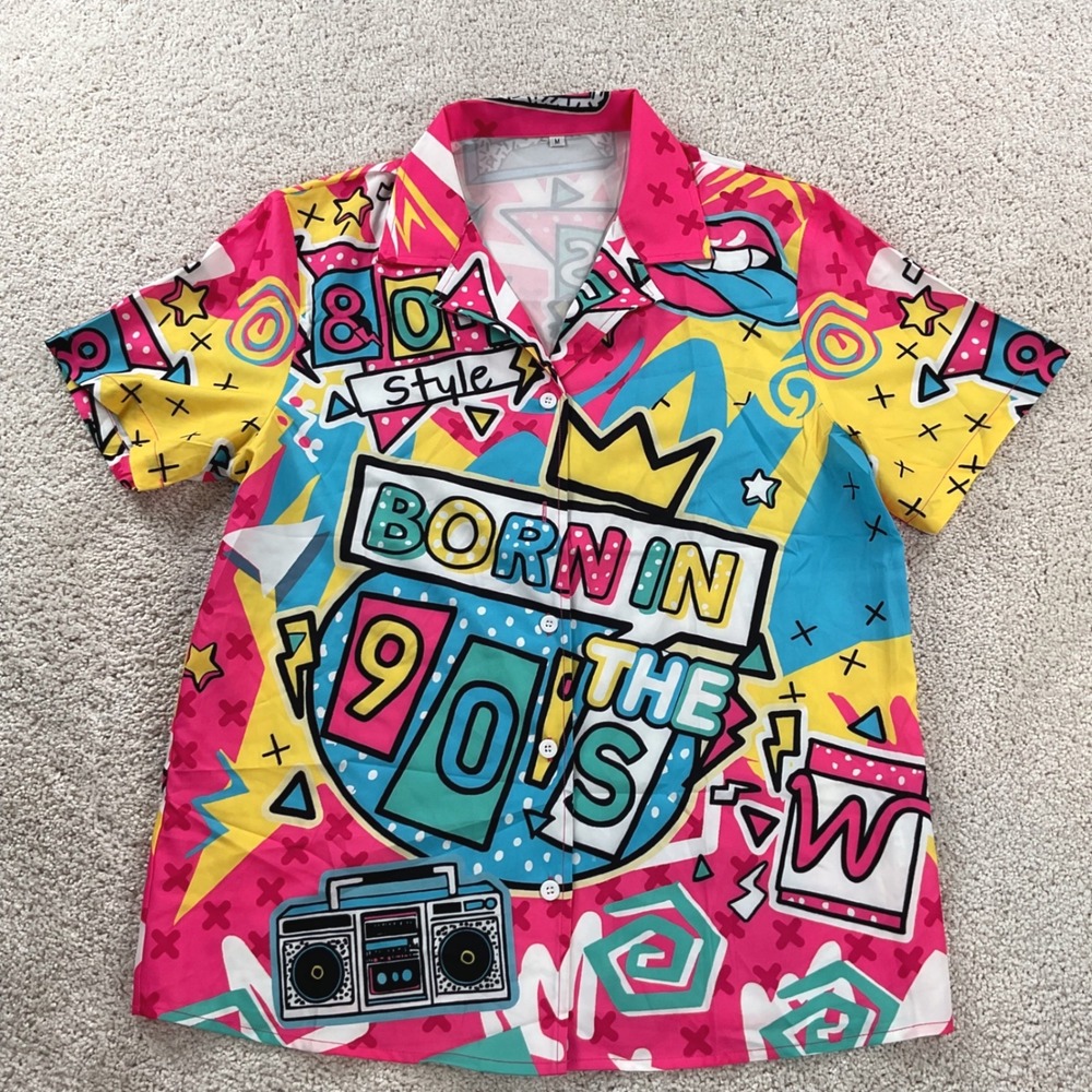 Born in the 90s Retro Graphic Shirt Mens Medium 80s Style Boombox Pink Multi MED